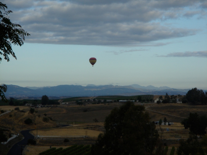 Hot air balloon over the vineyards. This is the view from our front porch.